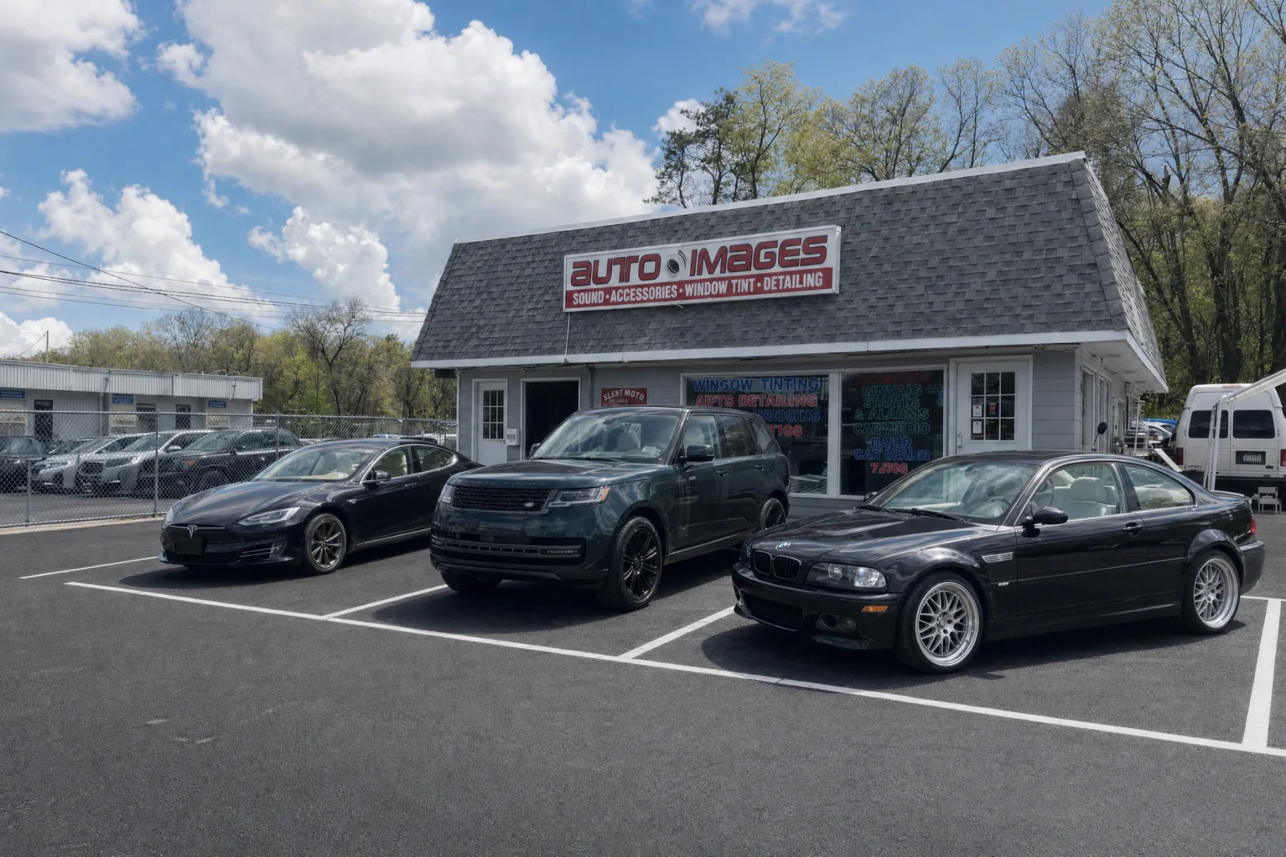 Tesla Model S, Range Rover and E46 BMW M3 with factory-clear glass waiting at the shop